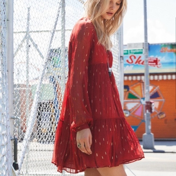 Sezane Stella Long Sleeve Silk-feel Boho Metallic Speckled Mini Dress Brick Red - Picture 1 of 13